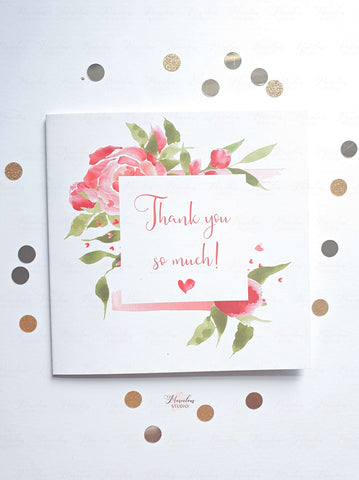 Thank you so much! Pink Floral Watercolour Square 6" x 6" in inches Greeting Card thanksgiving choose colour of your envelope