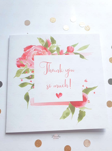 Thank you so much! Pink Floral Watercolour Square 6" x 6" in inches Greeting Card thanksgiving choose colour of your envelope