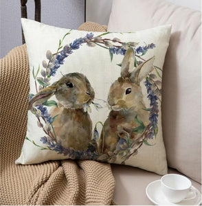 Cute Floral Wreath Bunnies Linen Pillow Cover 45cm x 45 cm Cushion Cover nursery children Easter Spring