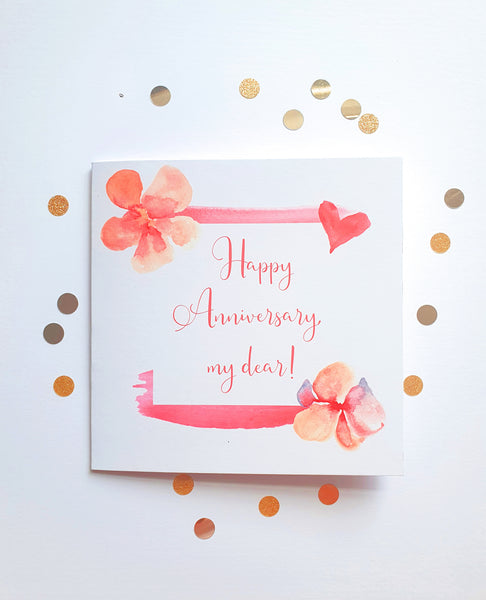 Happy Anniversary, my dear! Pink Floral watercolour heart 6 inches Square Greeting Card 6" x 6" in