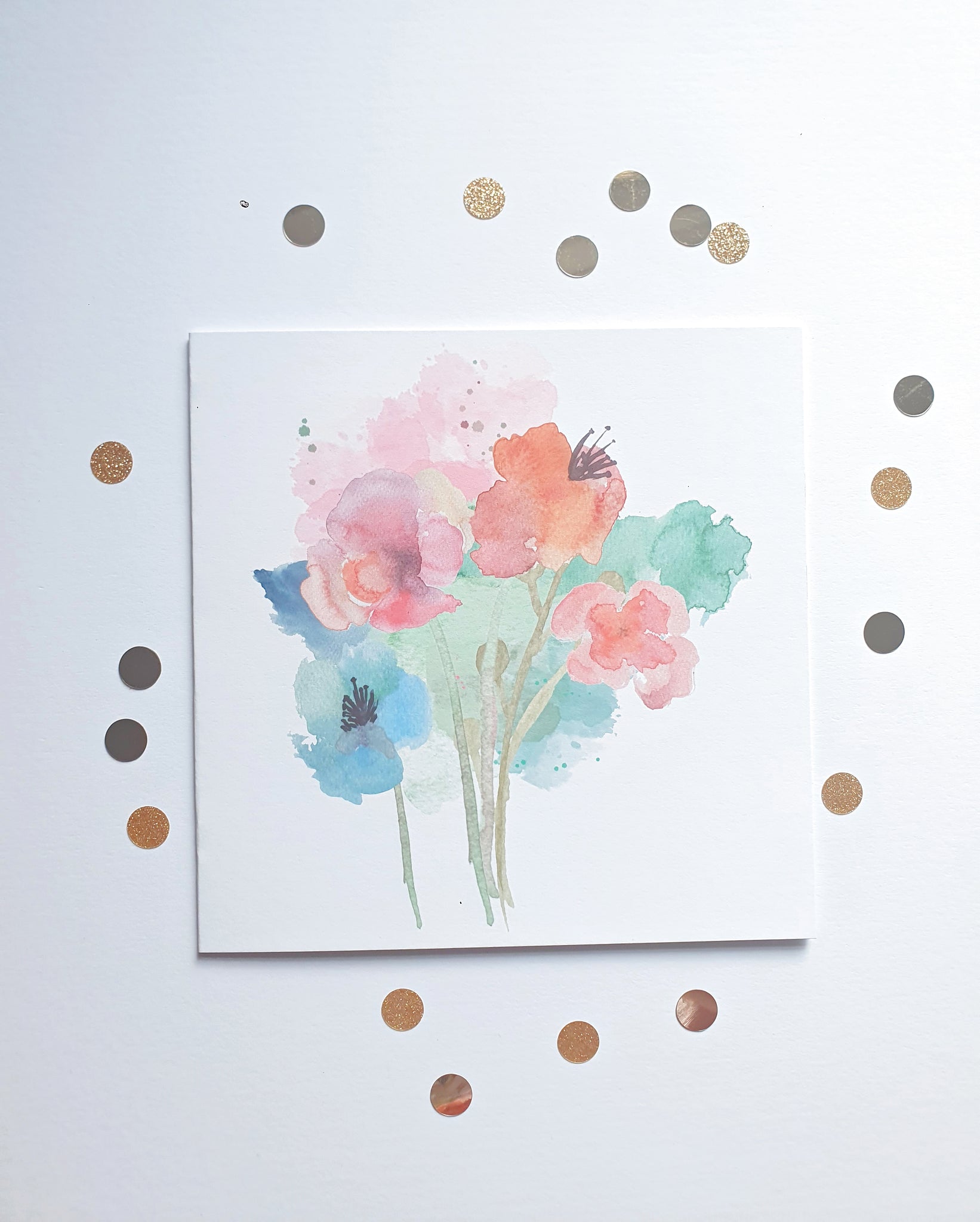 Watercolour Pastel Bouquet Floral 6 inches Square Greeting Card suitable for any occasion