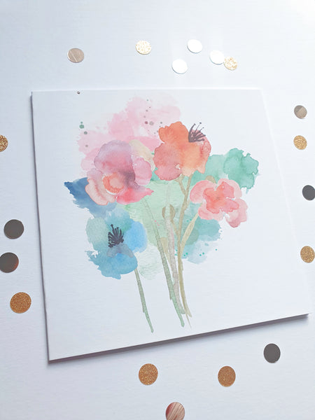 Watercolour Pastel Bouquet Floral 6 inches Square Greeting Card suitable for any occasion