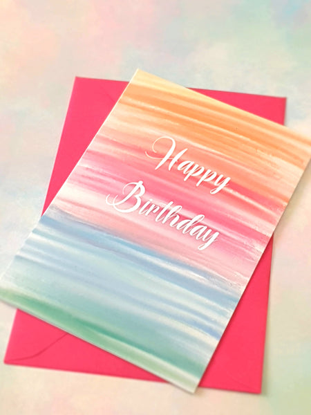 Happy Birthday A5 A6 Greeting Card Watercolor Rainbow Pink Blue Yellow Print Abstract Luxury  Greeting Card Anniversary Special Occasion Marvelous Studio