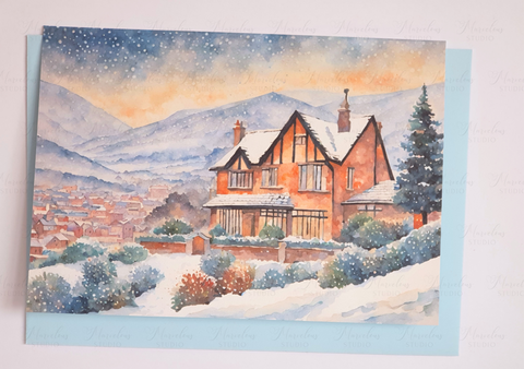 A5 A6 Watercolor Print Winter Landscape Christmas Greeting Card winter gifts decorated trees snow house Special Occasion Marvelous Studio