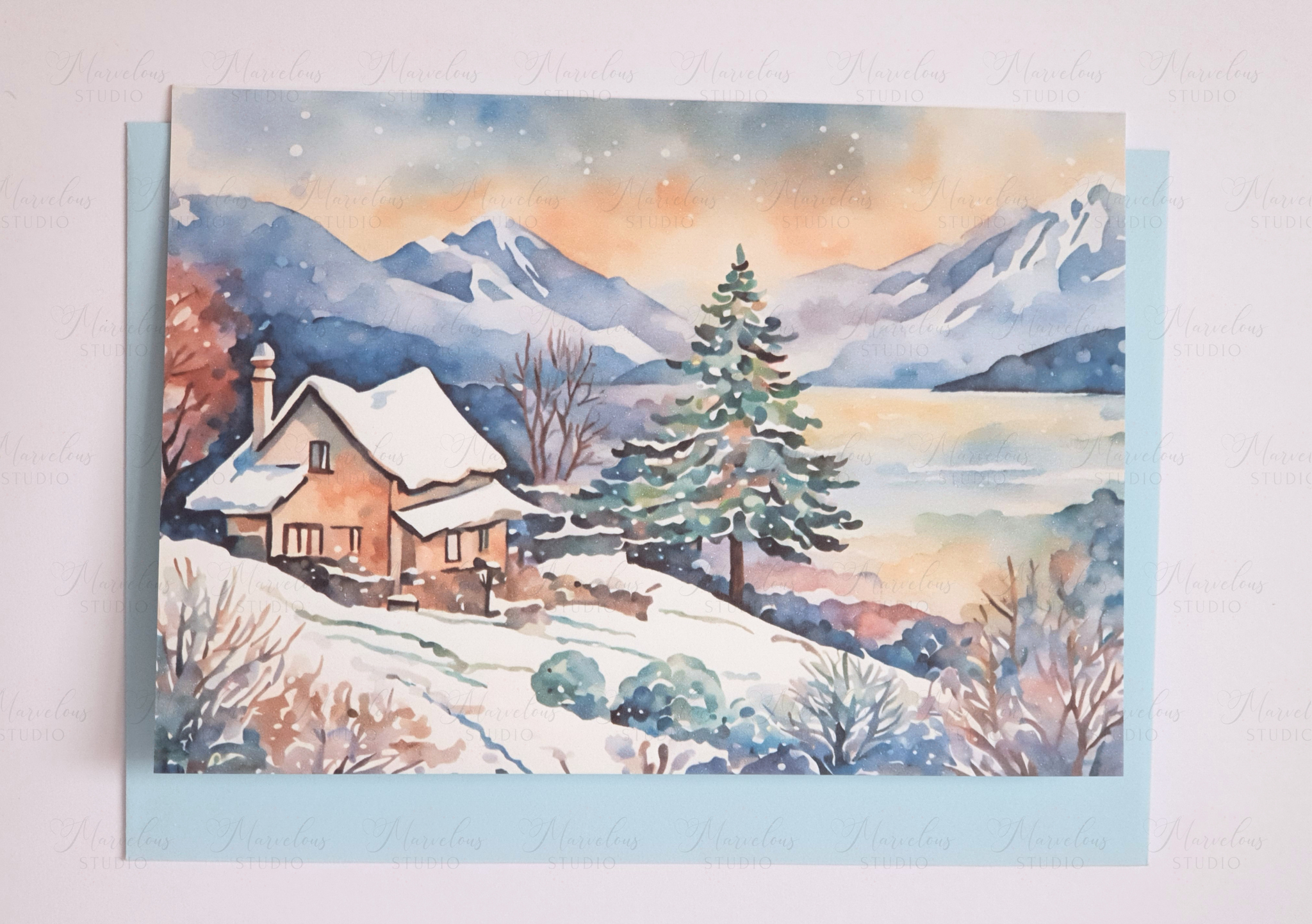 A5 A6 Watercolor Print Winter Lake Landscape Christmas Greeting Card winter gifts decorated trees snow house Special Occasion Marvelous Studio