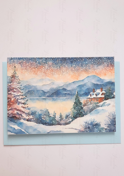 A5 A6 Watercolor Print Winter Lake Landscape Christmas Greeting Card house cosy snow mountains trees snowing Special Occasion Marvelous Studio