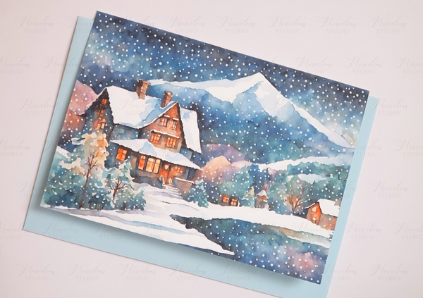 A5 A6 Watercolor Print Winter Lake Landscape Christmas Greeting Card house cosy snow mountains trees snowing Special Occasion Marvelous Studio
