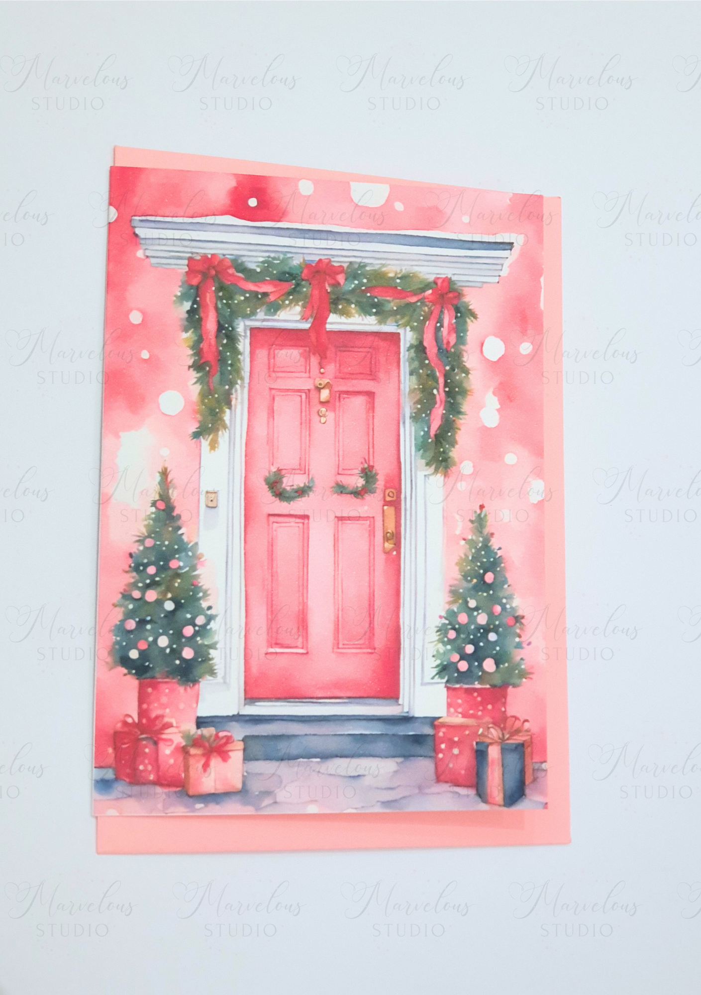 A5 A6 Pastel Watercolor Pink Door Christmas Decor Greeting Card winter gifts house cosy snow snowing Special Occasion Marvelous Studio