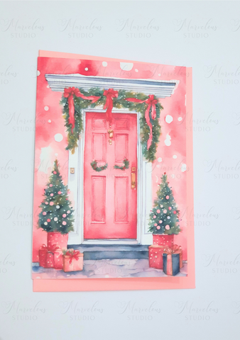 A5 A6 Pastel Watercolor Pink Door Christmas Decor Greeting Card winter gifts house cosy snow snowing Special Occasion Marvelous Studio