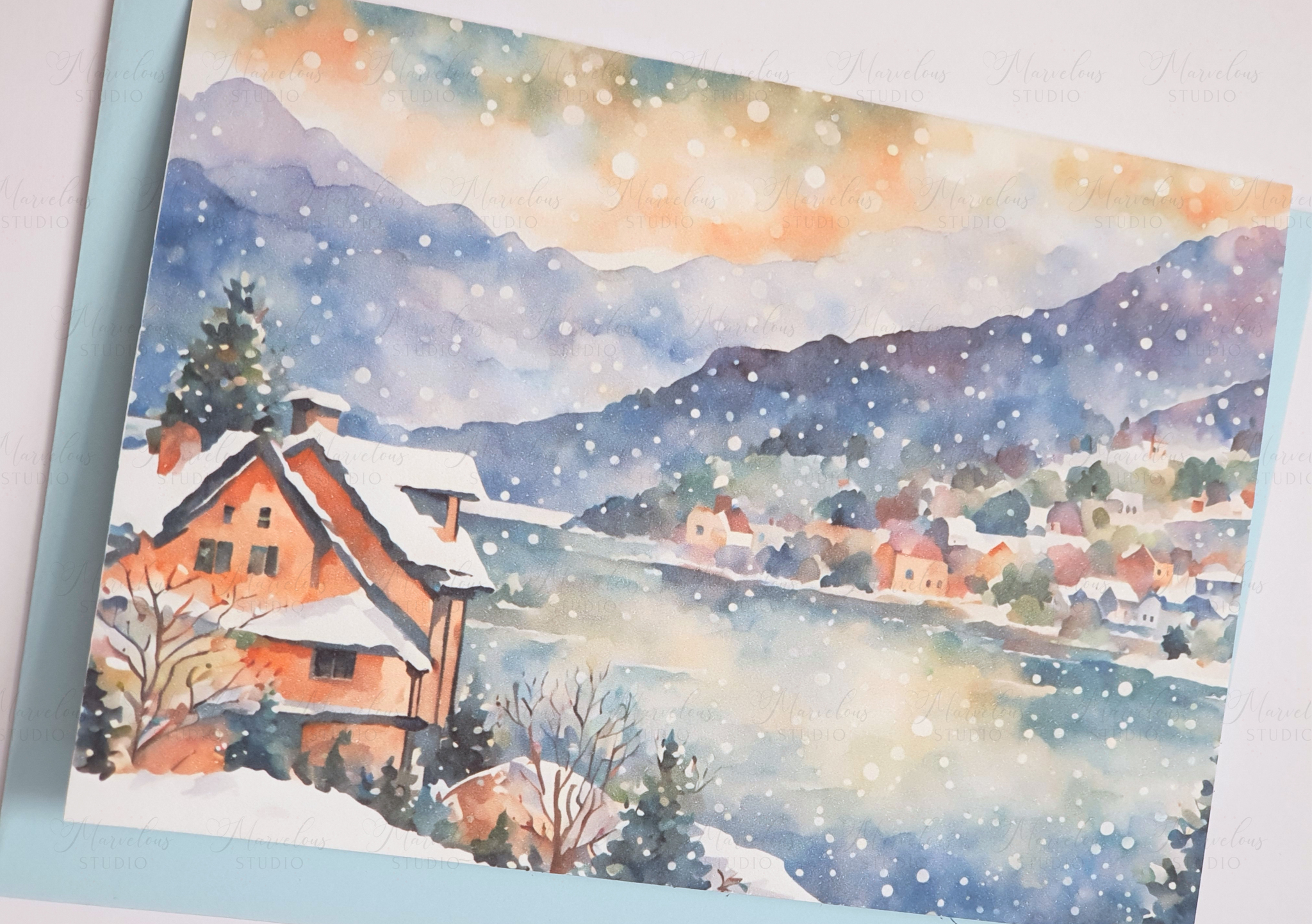 A5 A6 Watercolor Print Morning Winter Lake Landscape Christmas Greeting Card winter gifts decorated trees snow house Special Occasion Marvelous Studio (Copy)