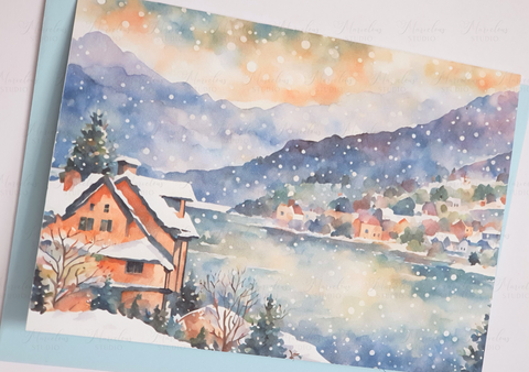 A5 A6 Watercolor Print Morning Winter Lake Landscape Christmas Greeting Card winter gifts decorated trees snow house Special Occasion Marvelous Studio (Copy)