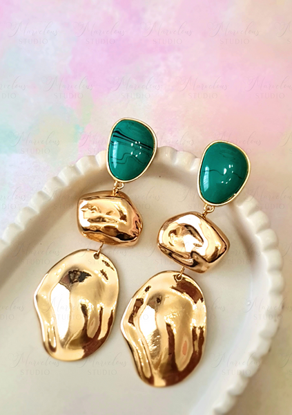 Irregular Shapes Green and Gold Drop Earrings for Women Opulent