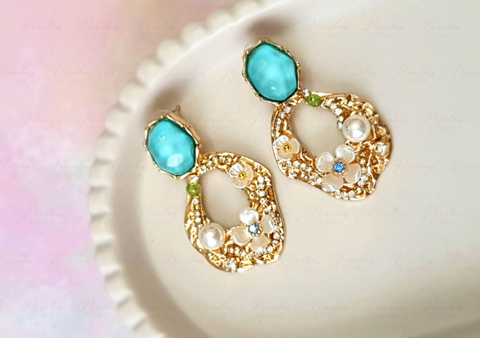 Stunning Pearls Flowers and Rhinestones Gold Earrings Cute Teal Stone for Women Party Elegant Wedding Dating Glamorous bold metal metallic