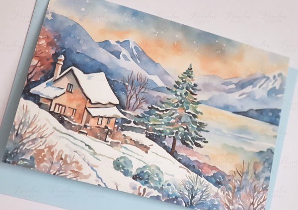 A5 A6 Watercolor Print Winter Lake Landscape Christmas Greeting Card winter gifts decorated trees snow house Special Occasion Marvelous Studio
