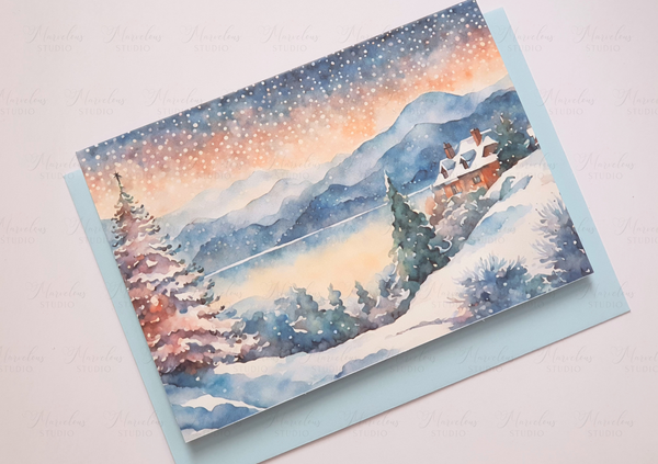 A5 A6 Watercolor Print Winter Lake Landscape Christmas Greeting Card house cosy snow mountains trees snowing Special Occasion Marvelous Studio