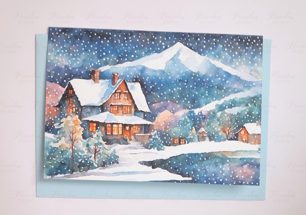 A5 A6 Watercolor Print Winter Lake Landscape Christmas Greeting Card house cosy snow mountains trees snowing Special Occasion Marvelous Studio