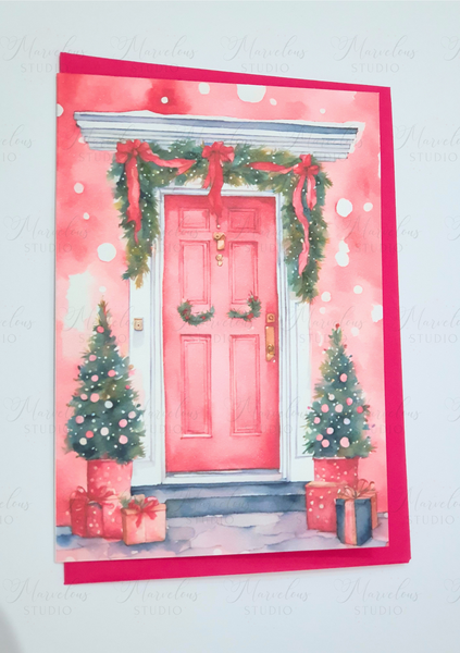 A5 A6 Pastel Watercolor Pink Door Christmas Decor Greeting Card winter gifts house cosy snow snowing Special Occasion Marvelous Studio