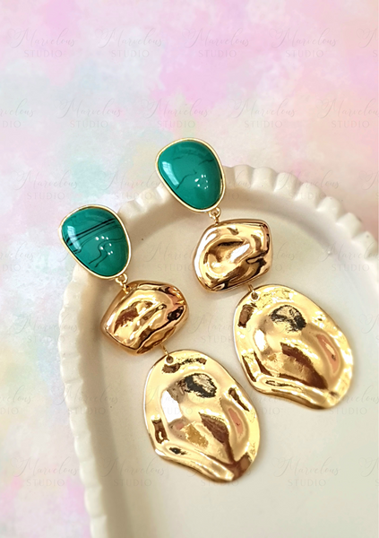 Irregular Shapes Green and Gold Drop Earrings for Women Opulent