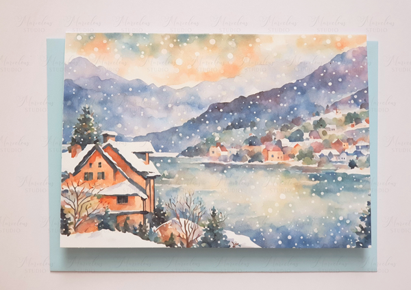 A5 A6 Watercolor Print Morning Winter Lake Landscape Christmas Greeting Card winter gifts decorated trees snow house Special Occasion Marvelous Studio (Copy)