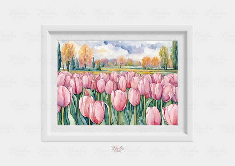 Watercolour Tulip Land Pink Art Print