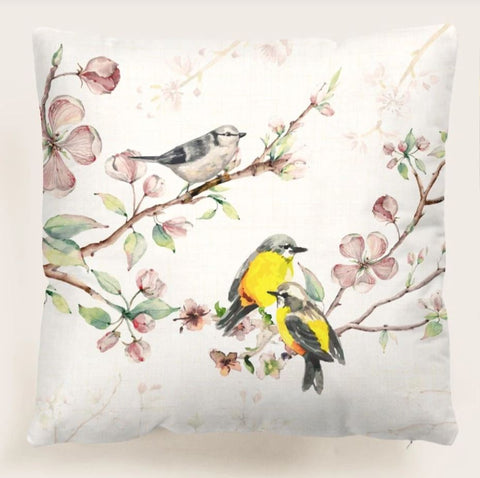 Watercolor Floral Cotton leaves Cute 3 Birds Velvet Cushion Cover Floral Pillow 45cm x 45 cm UK flowers botanic botanical Marvelous Studio