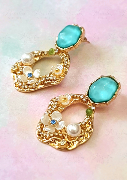 Stunning Pearls Flowers and Rhinestones Gold Earrings Cute Teal Stone for Women Party Elegant Wedding Dating Glamorous bold metal metallic