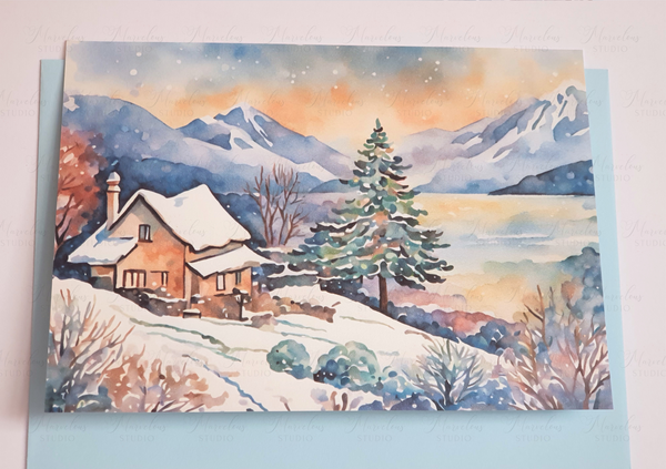 A5 A6 Watercolor Print Winter Lake Landscape Christmas Greeting Card winter gifts decorated trees snow house Special Occasion Marvelous Studio