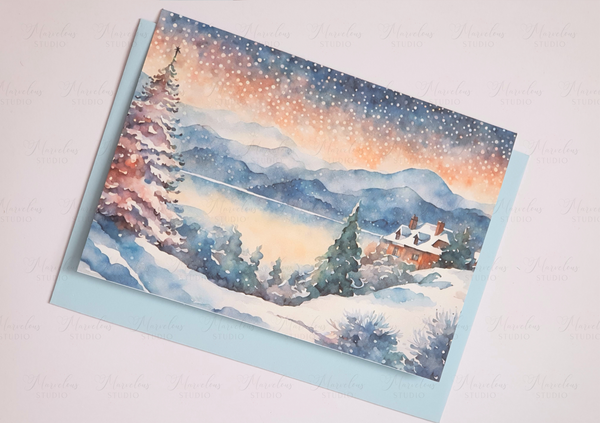 A5 A6 Watercolor Print Winter Lake Landscape Christmas Greeting Card house cosy snow mountains trees snowing Special Occasion Marvelous Studio