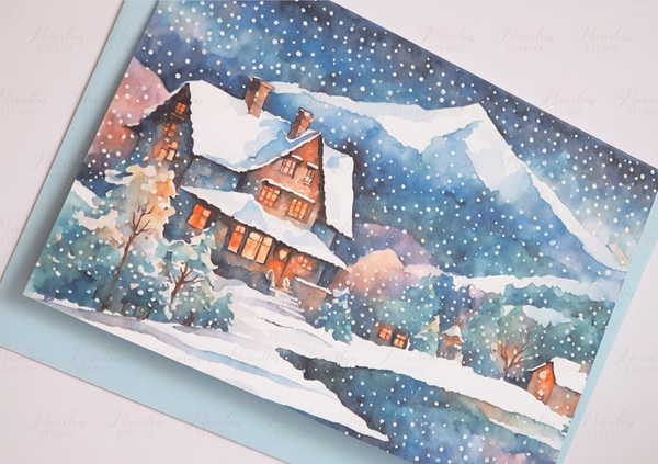 A5 A6 Watercolor Print Winter Lake Landscape Christmas Greeting Card house cosy snow mountains trees snowing Special Occasion Marvelous Studio