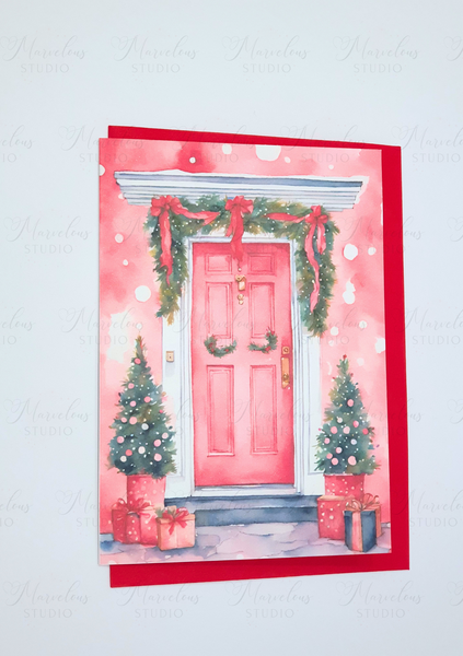 A5 A6 Pastel Watercolor Pink Door Christmas Decor Greeting Card winter gifts house cosy snow snowing Special Occasion Marvelous Studio