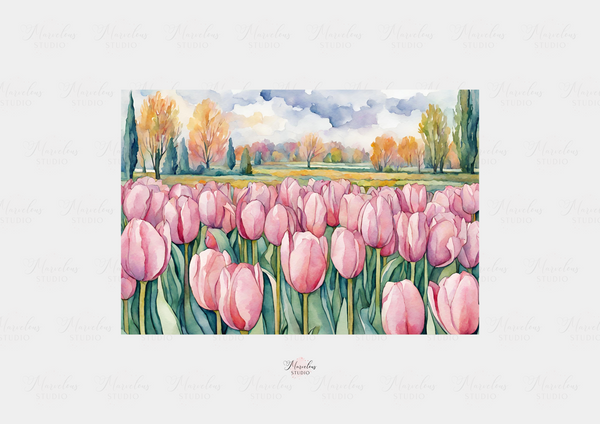 Watercolour Tulip Land Pink Art Print