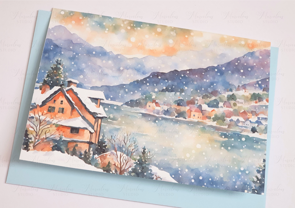 A5 A6 Watercolor Print Morning Winter Lake Landscape Christmas Greeting Card winter gifts decorated trees snow house Special Occasion Marvelous Studio (Copy)
