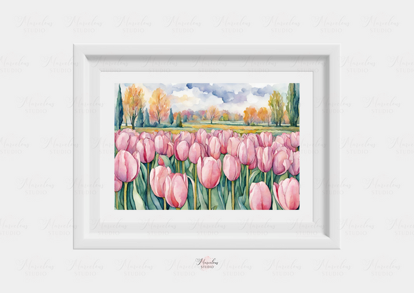 Watercolour Tulip Land Pink Art Print