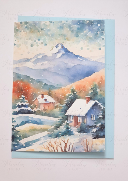 A5 A6 Watercolor Winter Landscape Mountain Print Christmas Greeting Card winter gifts decorated trees snow house Special Occasion Marvelous Studio