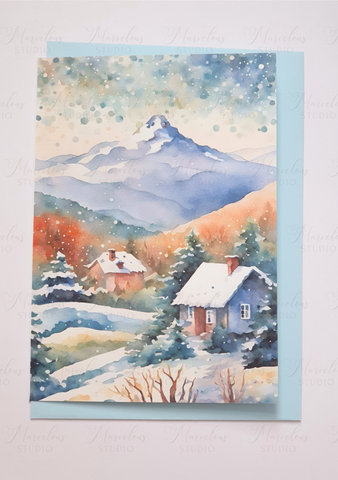 A5 A6 Watercolor Winter Landscape Mountain Print Christmas Greeting Card winter gifts decorated trees snow house Special Occasion Marvelous Studio