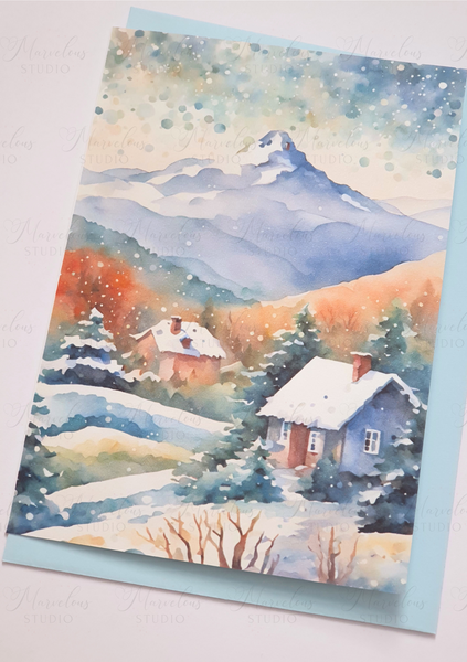 A5 A6 Watercolor Winter Landscape Mountain Print Christmas Greeting Card winter gifts decorated trees snow house Special Occasion Marvelous Studio