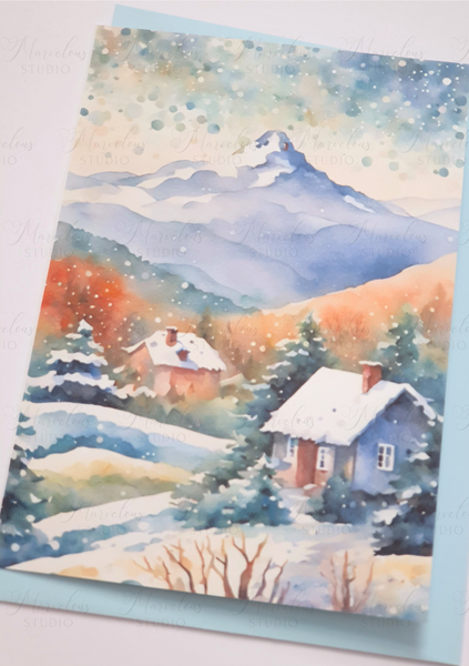A5 A6 Watercolor Winter Landscape Mountain Print Christmas Greeting Card winter gifts decorated trees snow house Special Occasion Marvelous Studio