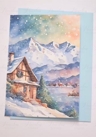 A5 A6 Watercolor Print Winter Hills Landscape Christmas Greeting Card winter gifts decorated trees snow house Special Occasion Marvelous Studio