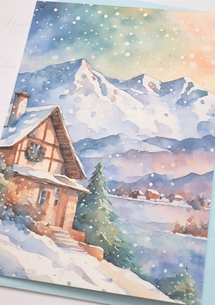 A5 A6 Watercolor Print Winter Hills Landscape Christmas Greeting Card winter gifts decorated trees snow house Special Occasion Marvelous Studio