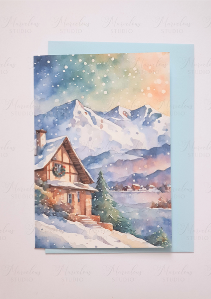 A5 A6 Watercolor Print Winter Hills Landscape Christmas Greeting Card winter gifts decorated trees snow house Special Occasion Marvelous Studio