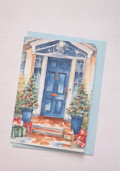 A5 A6 Pastel Watercolor Print Blue Door Christmas Decor Greeting Card winter gifts snow Special Occasion Marvelous Studio