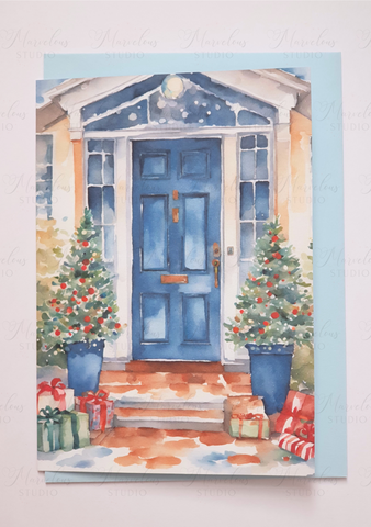 A5 A6 Pastel Watercolor Print Blue Door Christmas Decor Greeting Card winter gifts snow Special Occasion Marvelous Studio