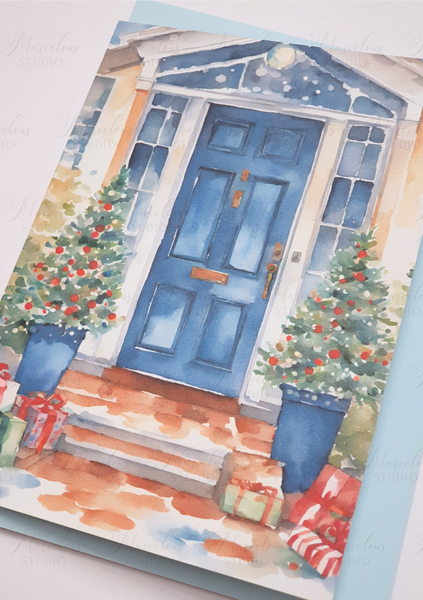 A5 A6 Pastel Watercolor Print Blue Door Christmas Decor Greeting Card winter gifts snow Special Occasion Marvelous Studio