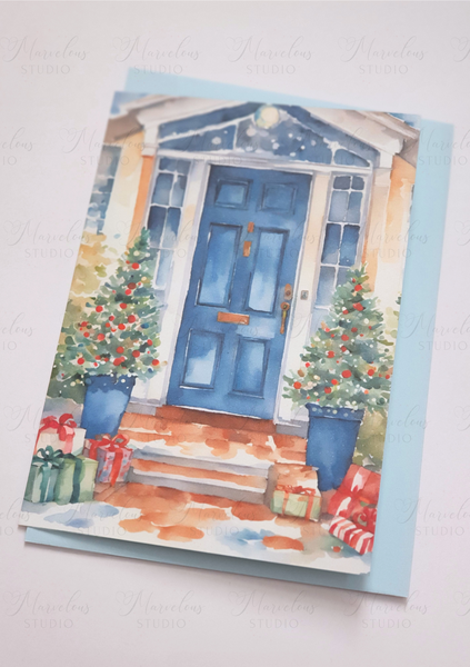 A5 A6 Pastel Watercolor Print Blue Door Christmas Decor Greeting Card winter gifts snow Special Occasion Marvelous Studio