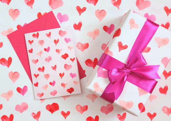 Set Hearts and LOVE Luxury Gift Wrapping Paper 30 x 42 cm Marvelous Studio present Anniversary Birthday Any Special Occasion Pink Valentine