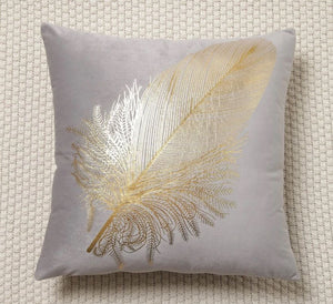 Cushion Cover Grey Velvet Gold Feather Print Pillow case 45cm x 45 cm UK housewarming leaf home house decor contemporary modern