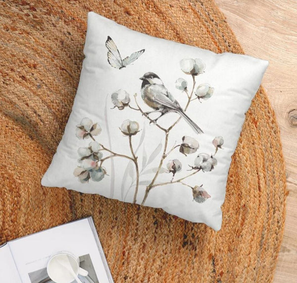 Watercolor Floral Cotton leaves Cute Bird Velvet Cushion Cover Floral Pillow 45cm x 45 cm UK flowers botanic botanical