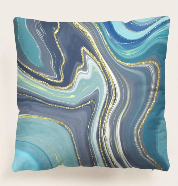 Navy Blue Light Teal Gold Abstract Marble Velvet Cushion Cover Pillow 45cm x 45 cm UK