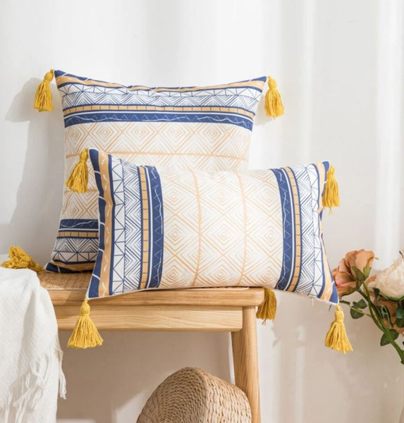 Blue Yellow Geomtric Print with Tassels Pillow Cover 45cm x 45 cm & 30cm x50cm UK Cushion Cover housewarming