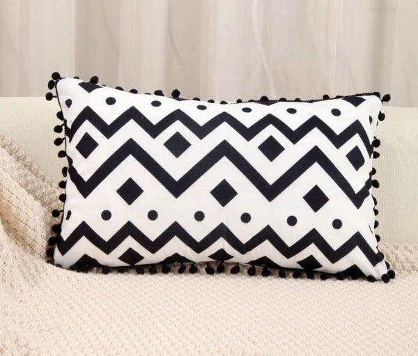 Black White Geometric Cushion Cover Chevron Pom Poms Pattern Velvet 45cm x 45 cm and 30cm x 50cm modern cosy vibes
